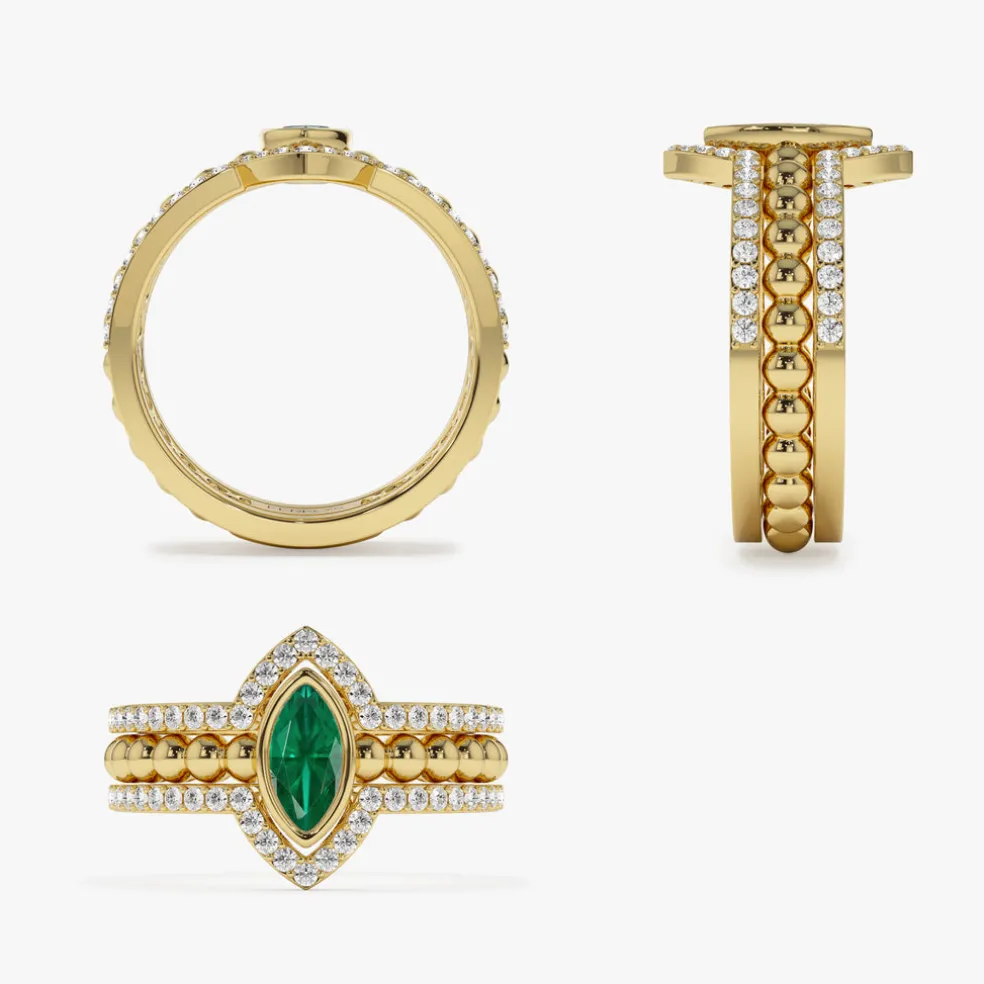 14k Marquise Shaped Emerald Ring with Nesting Diamond Bands