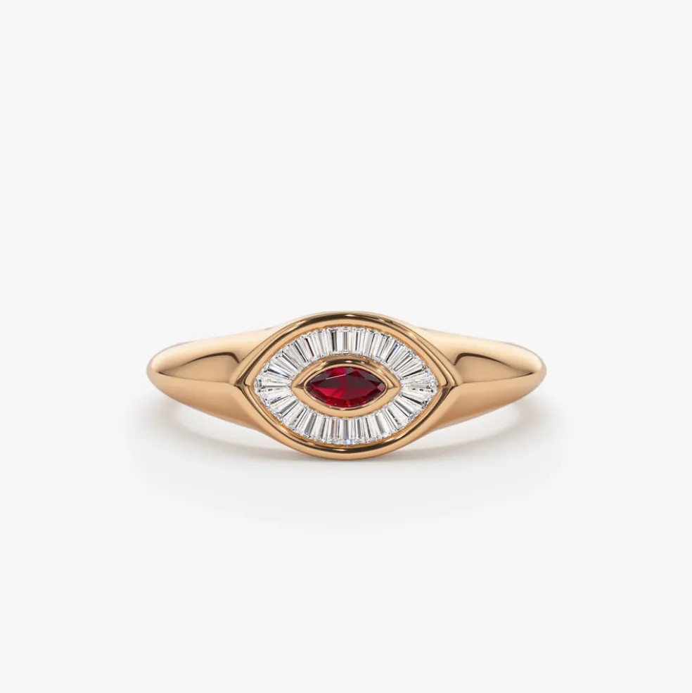 14k Marquise Shaped Ruby and Baguette Diamond Ring