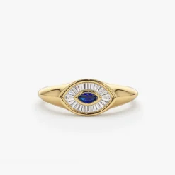 14k Marquise Shaped Sapphire and Baguette Diamond Ring