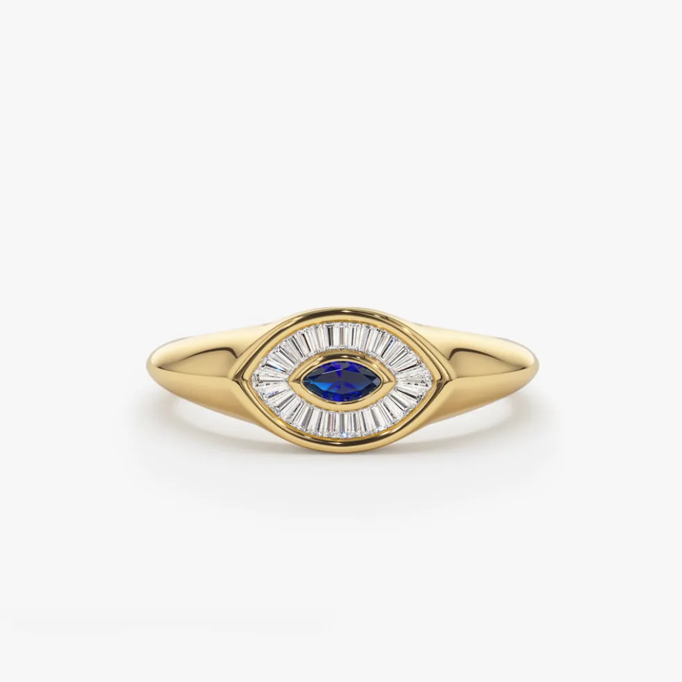 14k Marquise Shaped Sapphire and Baguette Diamond Ring