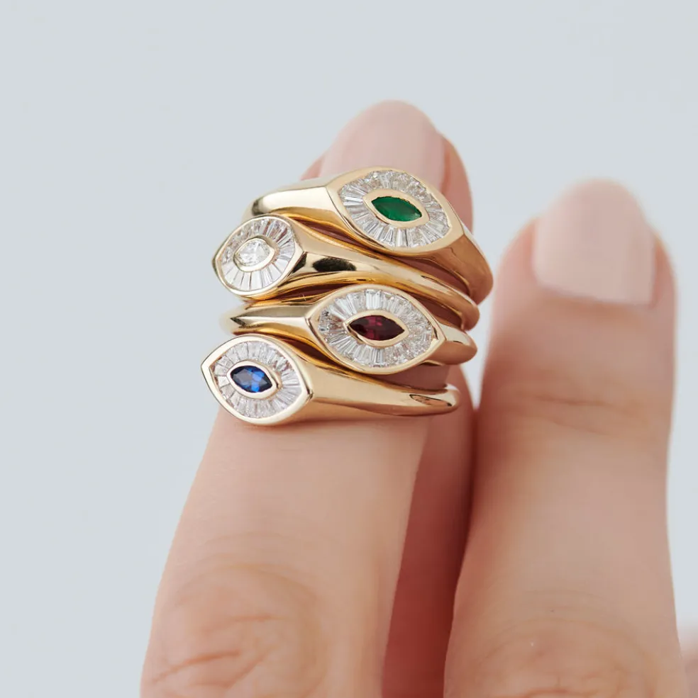 14k Marquise Shaped Sapphire and Baguette Diamond Ring