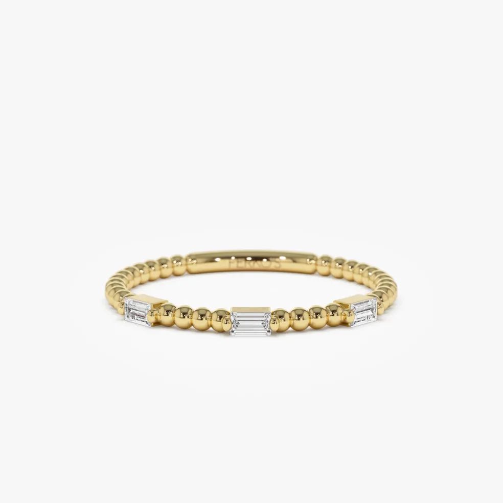 14K Minimalist Beaded Baguette Diamond Ring
