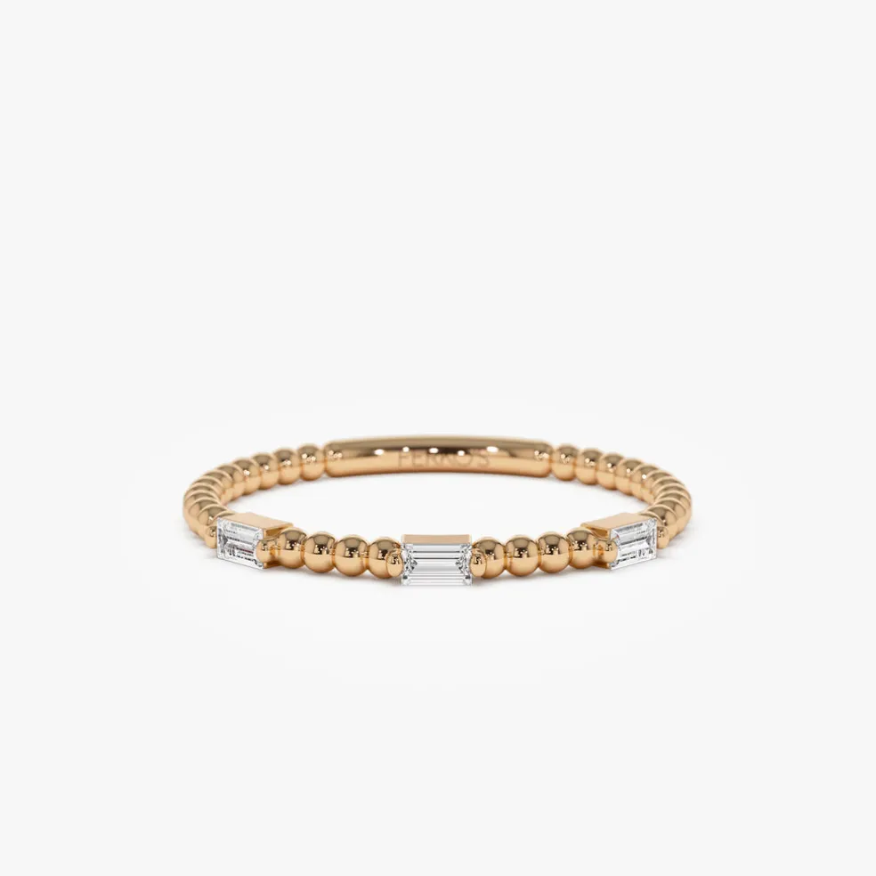 14K Minimalist Beaded Baguette Diamond Ring