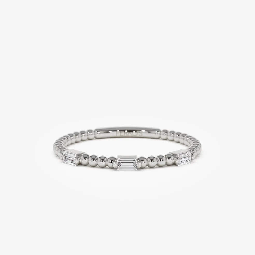 14K Minimalist Beaded Baguette Diamond Ring