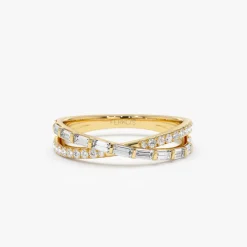 14k Mix Baguette and Round Diamond Crossover Ring