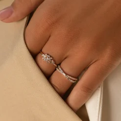14k Mix Baguette and Round Diamond Crossover Ring