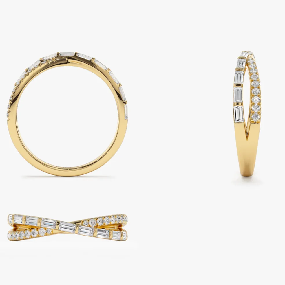 14k Mix Baguette and Round Diamond Crossover Ring