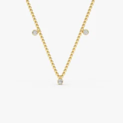 14k 2MM Bead Necklace with Dangling Bezel Setting Diamonds