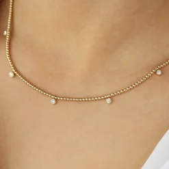 14k 2MM Bead Necklace with Dangling Bezel Setting Diamonds