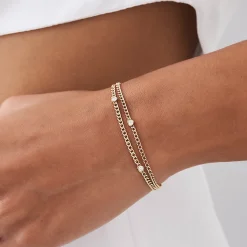 14k 2MM Curb Link Bracelet w/ Heart Shape Solitaire Round Diamonds
