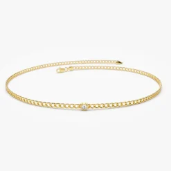 14k 2MM Curb Link Bracelet w/ Heart Shape Solitaire Round Diamonds