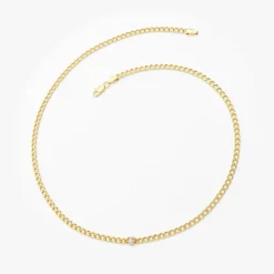 14k 2MM Curb Link Bracelet w/ Heart Shape Solitaire Round Diamonds