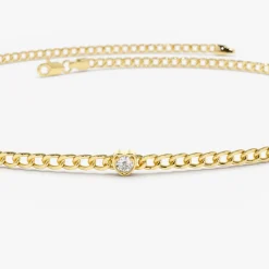 14k 2MM Curb Link Bracelet w/ Heart Shape Solitaire Round Diamonds