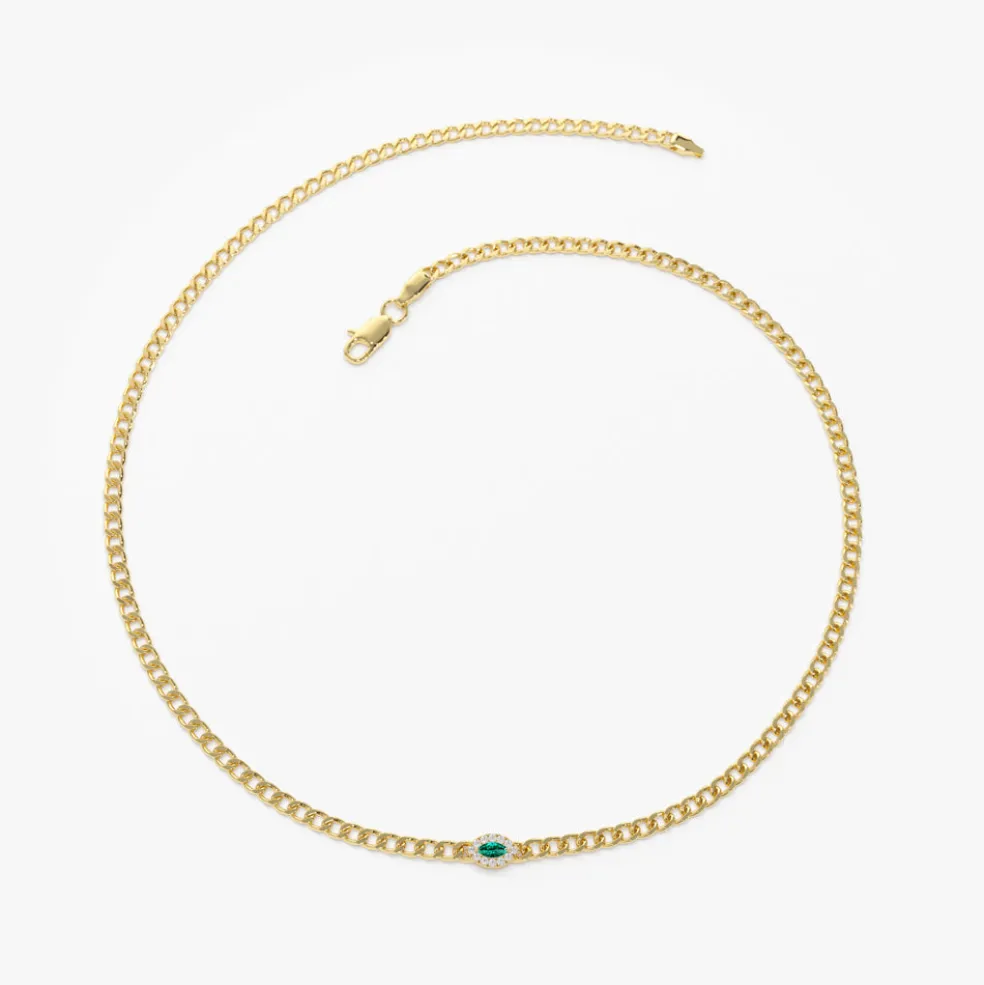 14k 2MM Curb Link Marquise Emerald Bracelet
