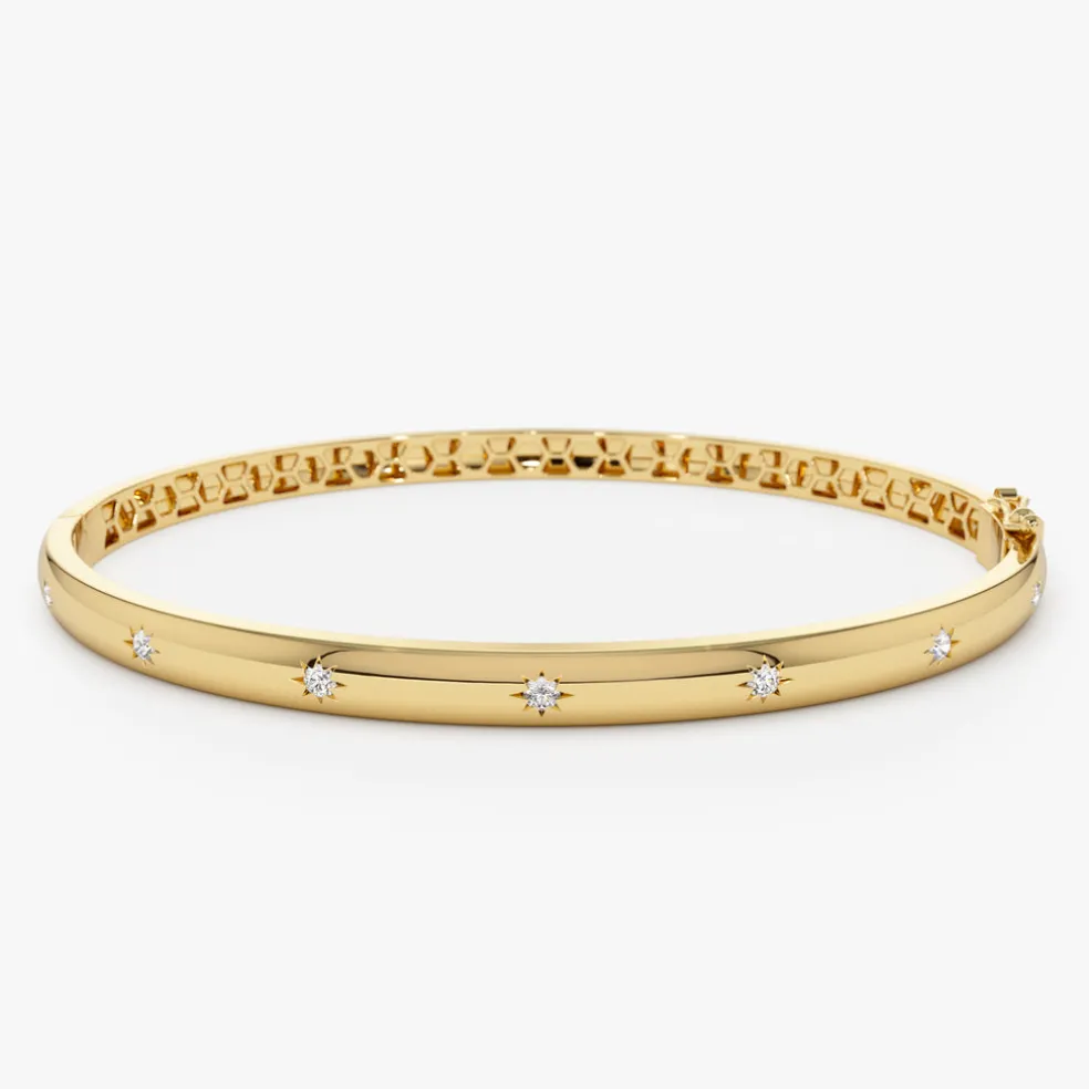 14k 4mm Dome Star Setting Diamond Bangle Bracelet