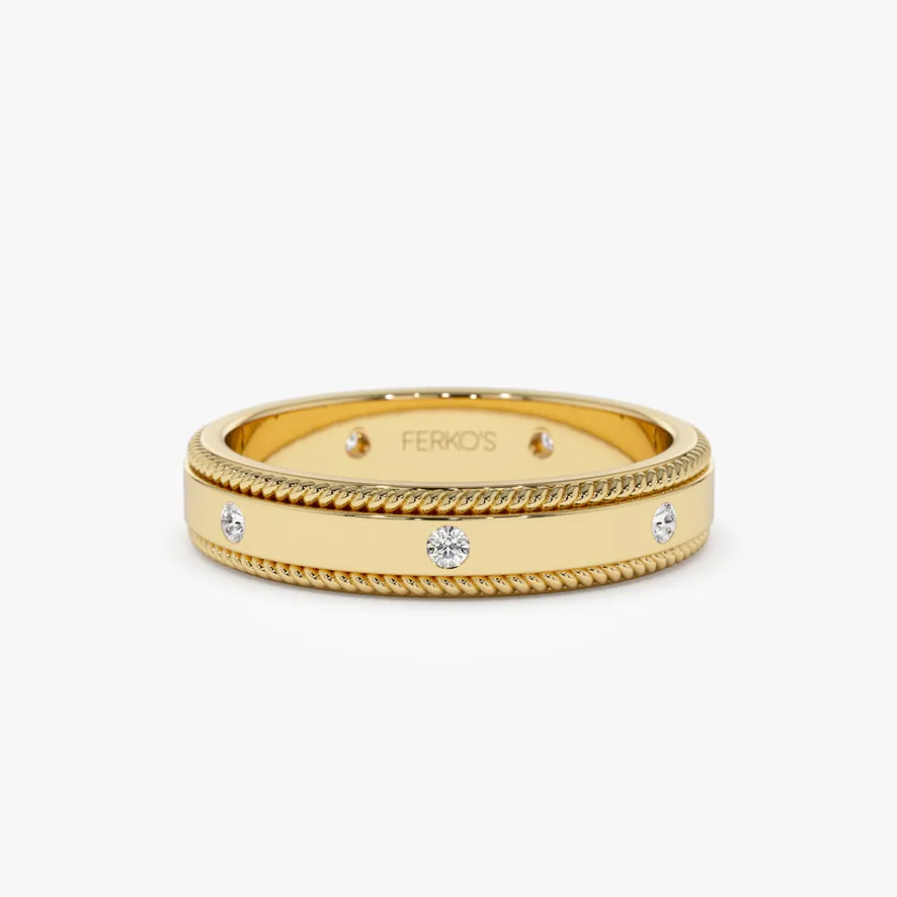 14k 4MM Flat Milgrain Edge Diamond Wedding Band