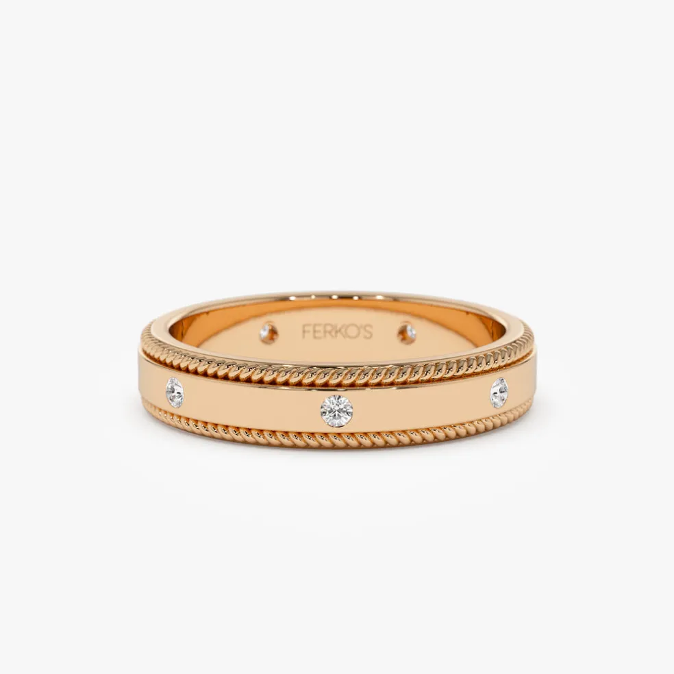 14k 4MM Flat Milgrain Edge Diamond Wedding Band