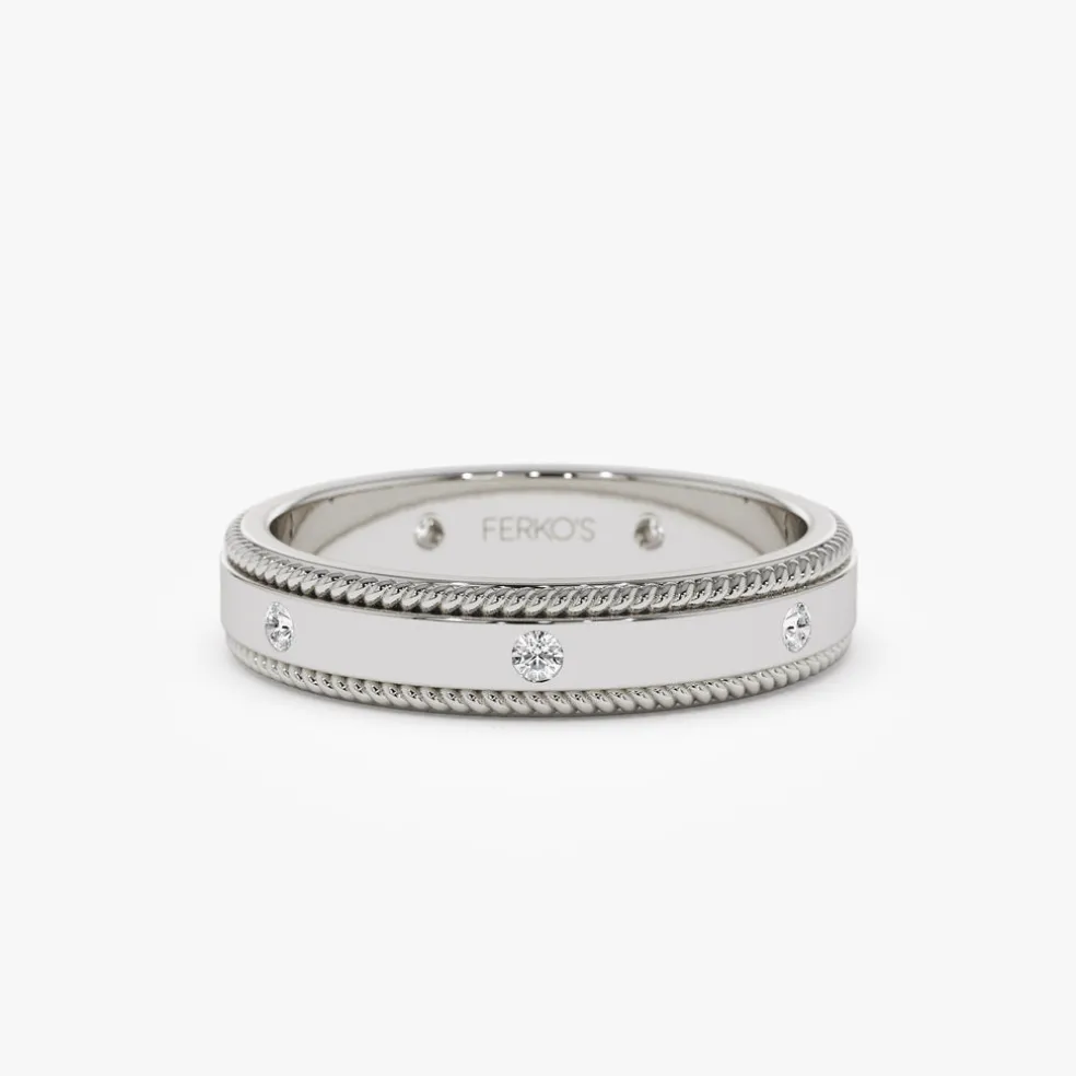 14k 4MM Flat Milgrain Edge Diamond Wedding Band