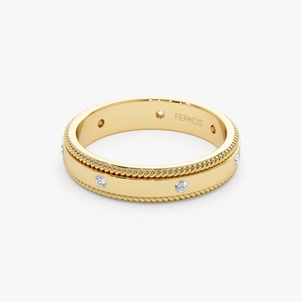 14k 4MM Flat Milgrain Edge Diamond Wedding Band