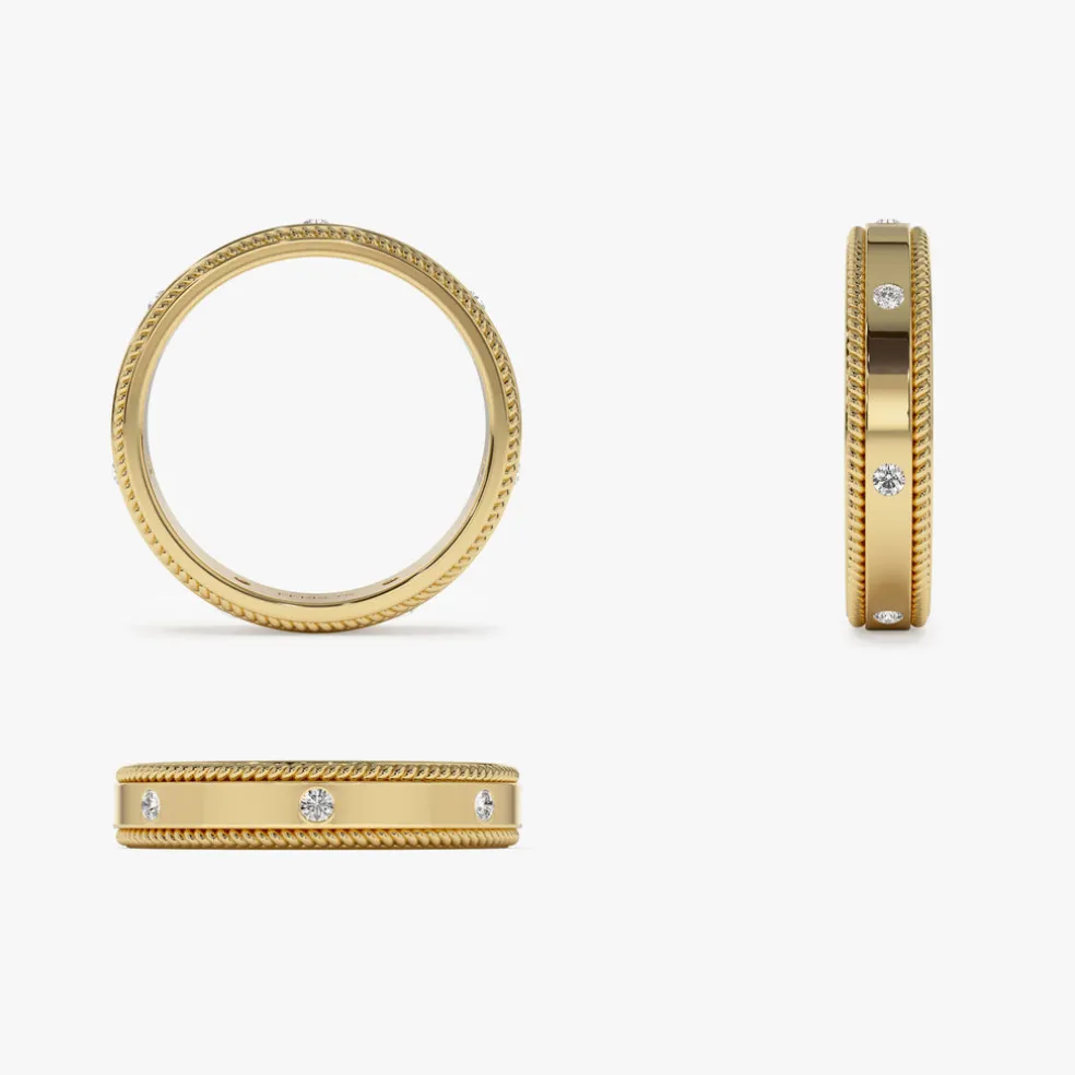 14k 4MM Flat Milgrain Edge Diamond Wedding Band