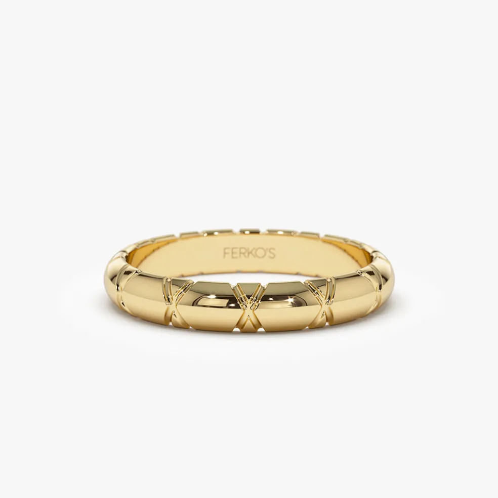 14k 3MM Unique X Cut Design Gold Wedding Ring