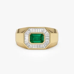 14k Octagon Shape Baguette Diamond Emerald Ring