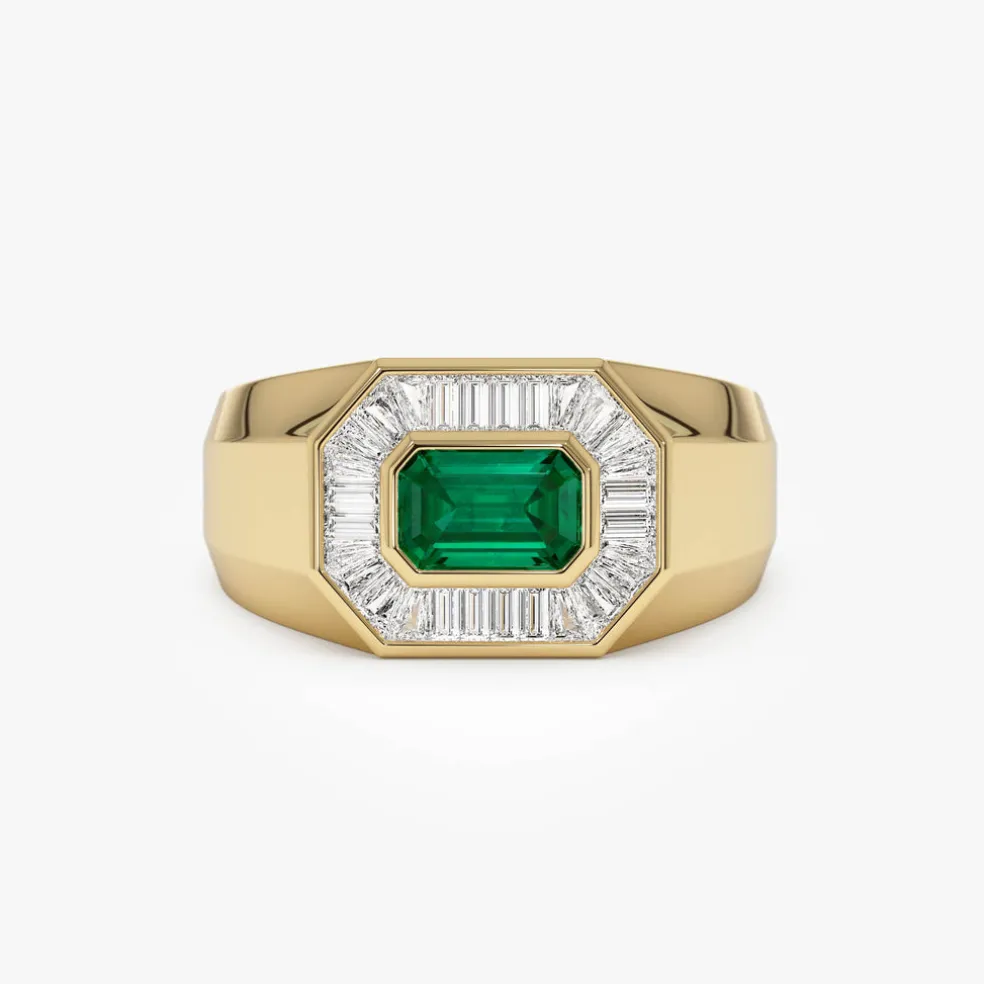 14k Octagon Shape Baguette Diamond Emerald Ring