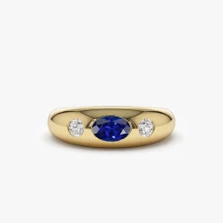 14k Oval Blue Sapphire with Round Diamonds Dome Ring