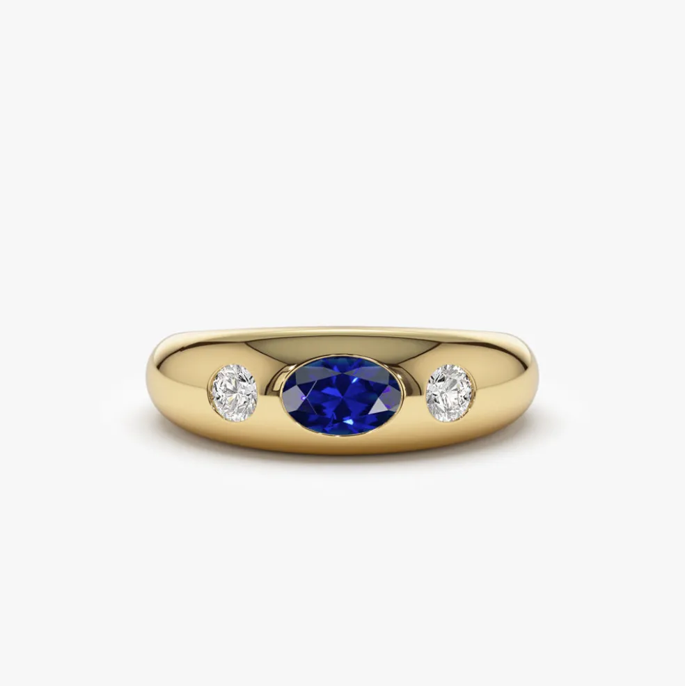 14k Oval Blue Sapphire with Round Diamonds Dome Ring