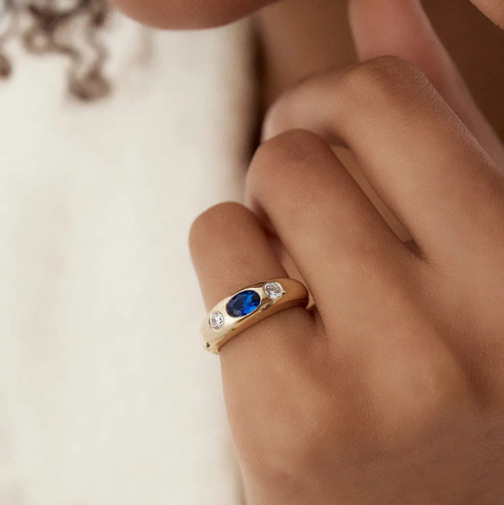 14k Oval Blue Sapphire with Round Diamonds Dome Ring