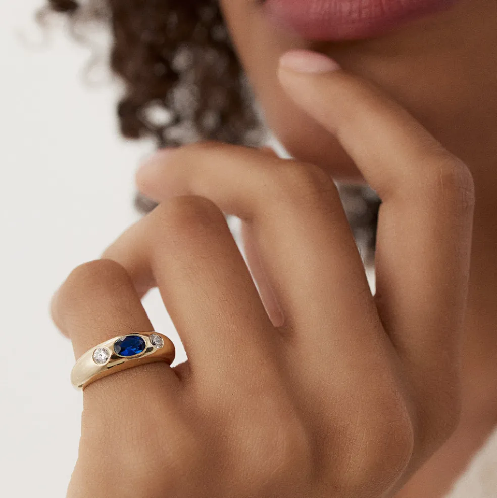 14k Oval Blue Sapphire with Round Diamonds Dome Ring