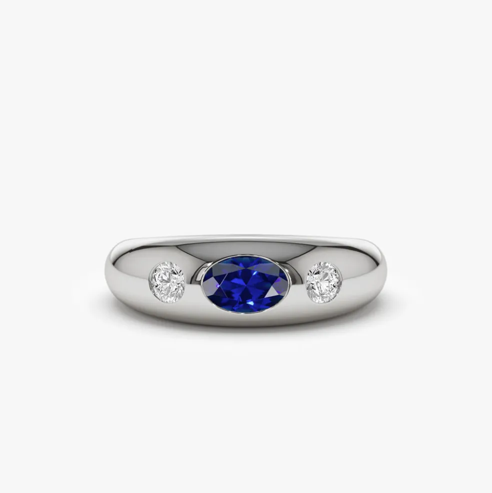 14k Oval Blue Sapphire with Round Diamonds Dome Ring