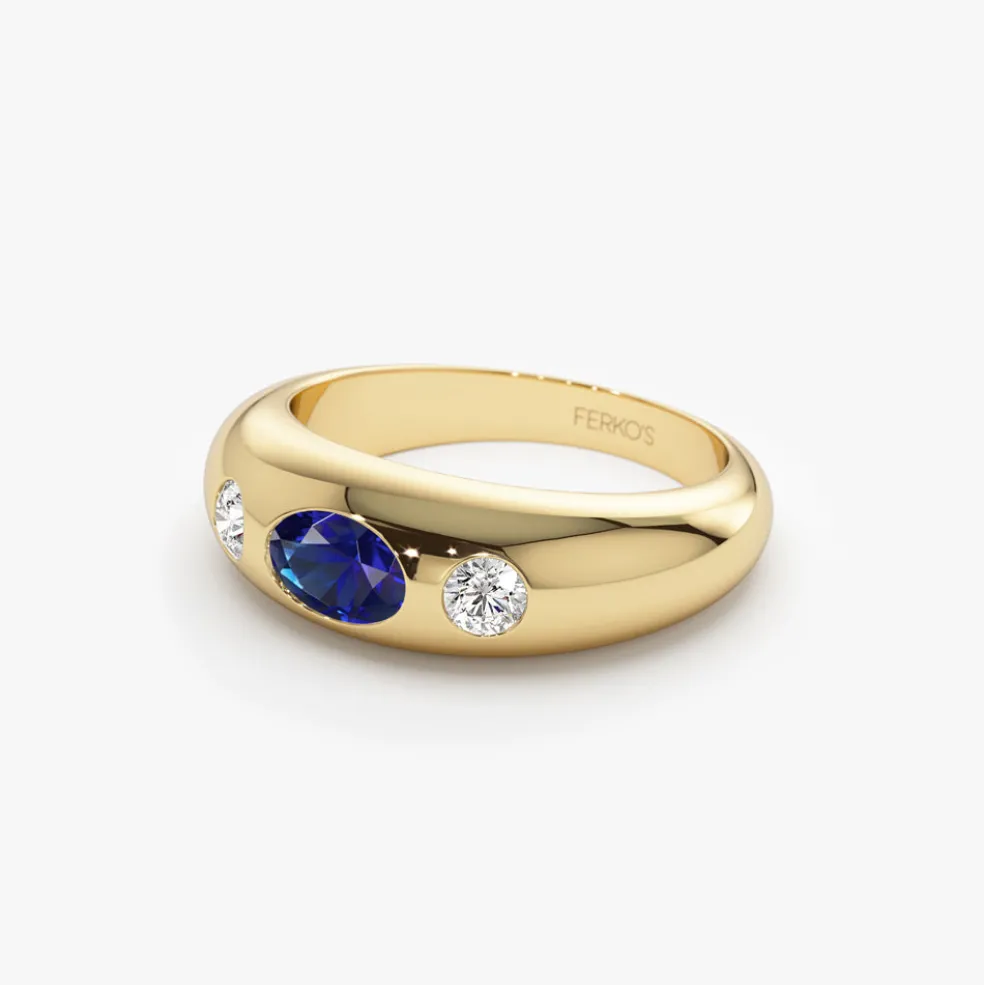 14k Oval Blue Sapphire with Round Diamonds Dome Ring