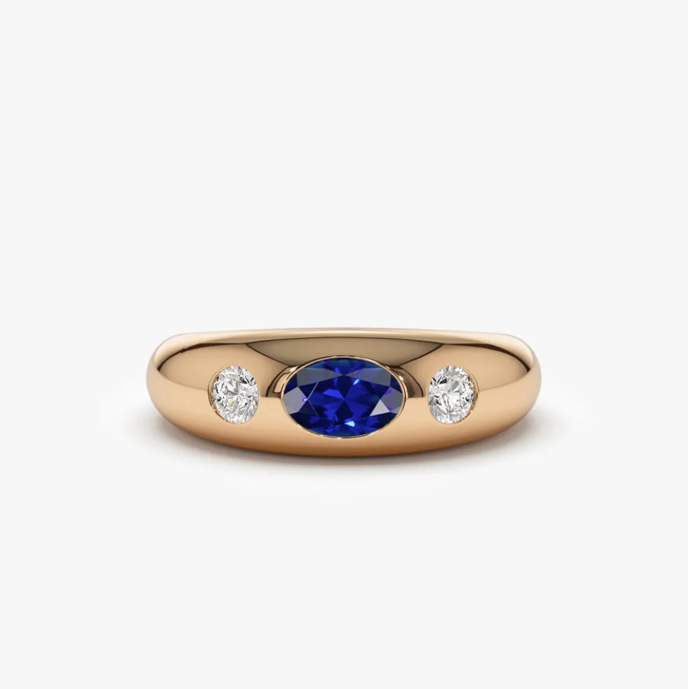 14k Oval Blue Sapphire with Round Diamonds Dome Ring