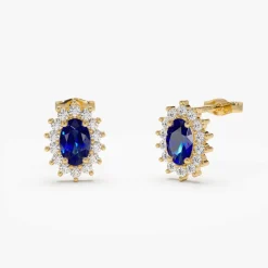 14k Oval Cut Blue Sapphire Earrings with Diamonds