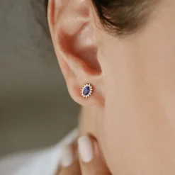 14k Oval Cut Blue Sapphire Earrings with Diamonds