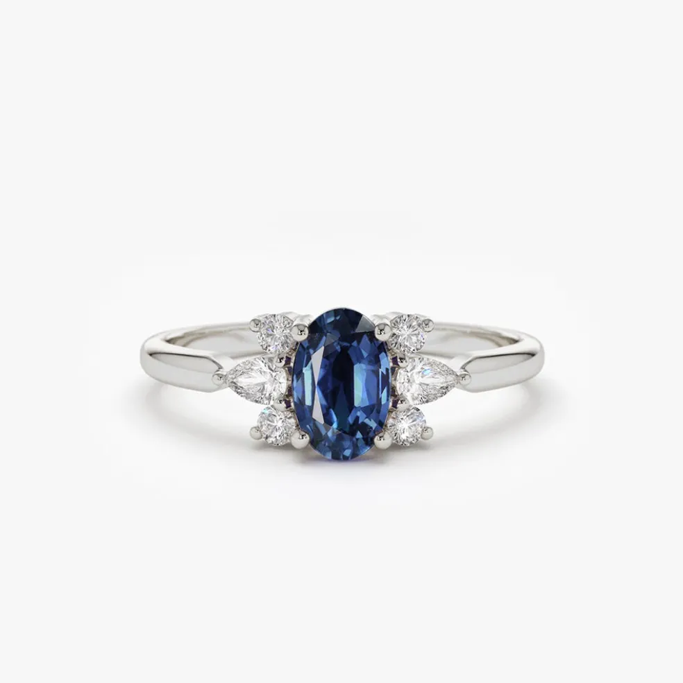 14k Oval Cut Genuine Sapphire Diamond Ring