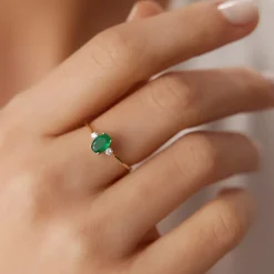 14k Oval Shape Emerald and Diamond 3 Stone Ring