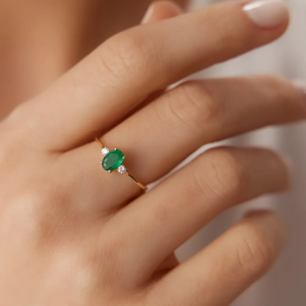 14k Oval Shape Emerald and Diamond 3 Stone Ring