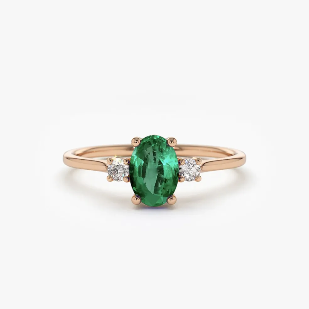 14k Oval Shape Emerald and Diamond 3 Stone Ring
