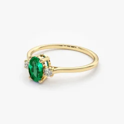 14k Oval Shape Emerald and Diamond 3 Stone Ring
