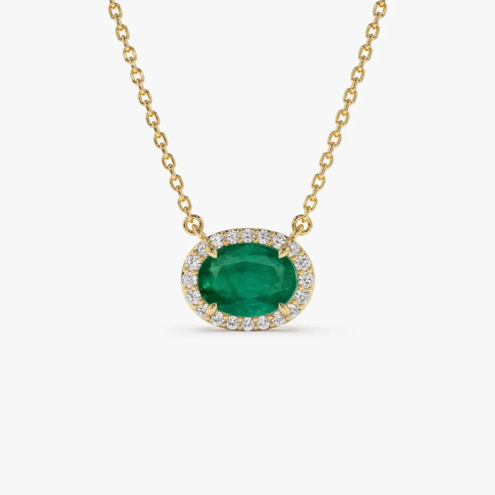 14k Oval Shape Emerald in Diamond Halo Setting