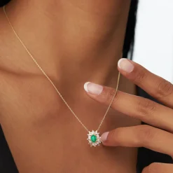 14k Oval Shape Emerald Necklace with Ballerina Baguettes