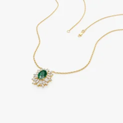 14k Oval Shape Emerald Necklace with Ballerina Baguettes