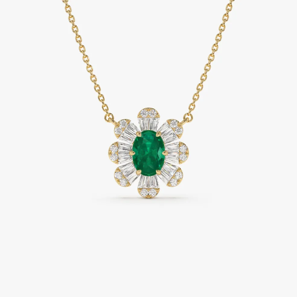 14k Oval Shape Emerald Necklace with Baguettes