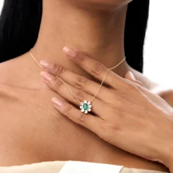 14k Oval Shape Emerald Necklace with Baguettes