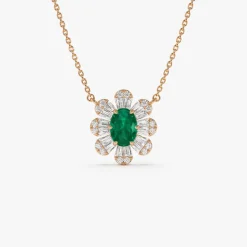 14k Oval Shape Emerald Necklace with Baguettes