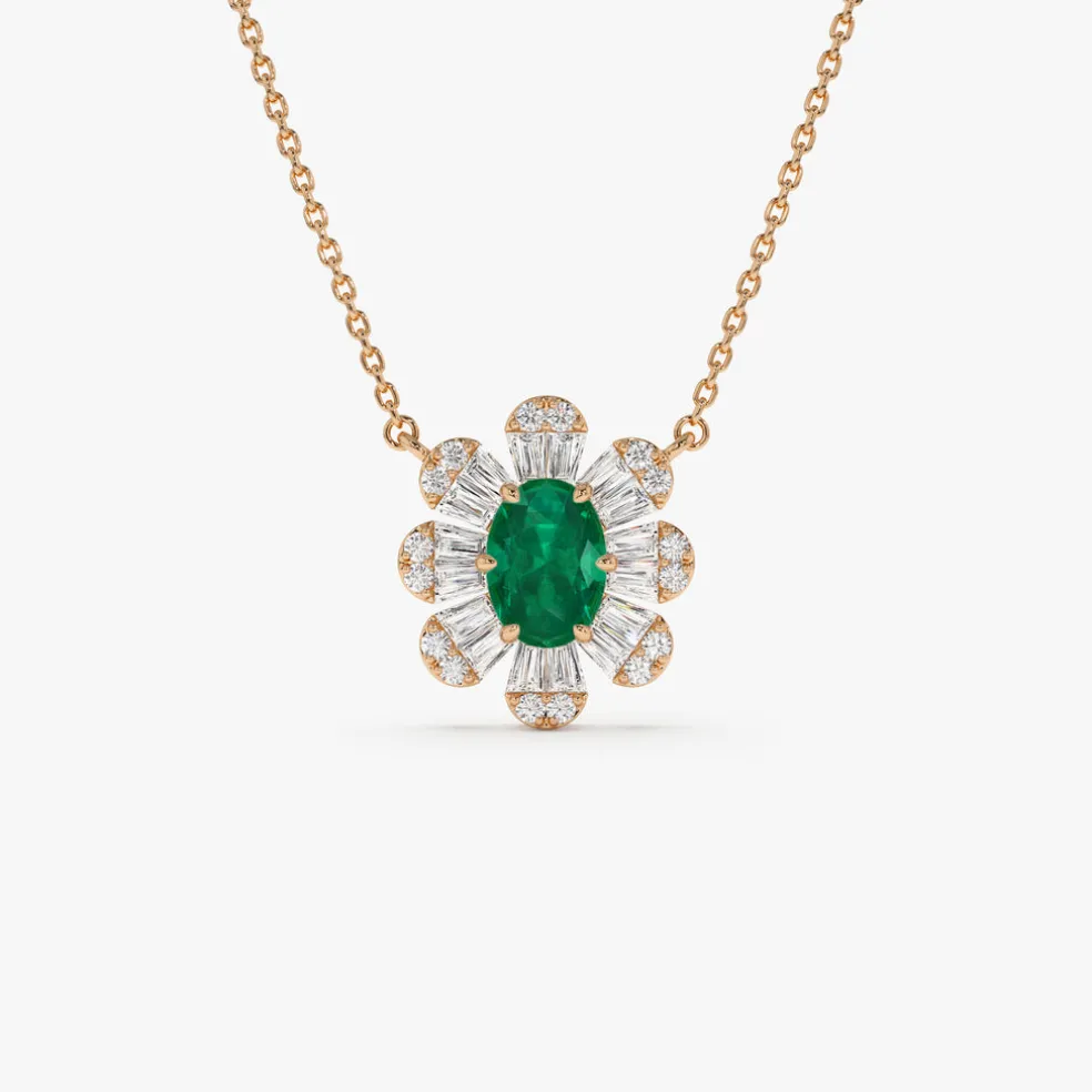 14k Oval Shape Emerald Necklace with Baguettes