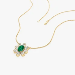 14k Oval Shape Emerald Necklace with Baguettes