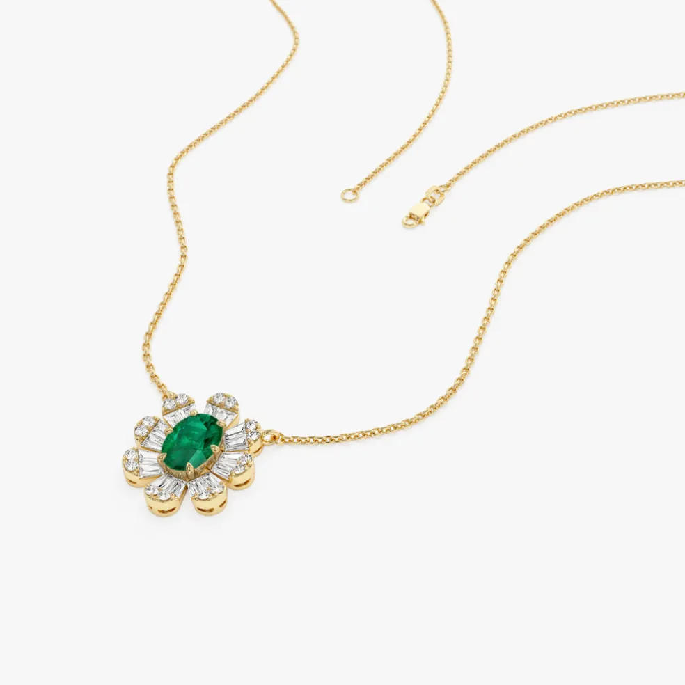 14k Oval Shape Emerald Necklace with Baguettes